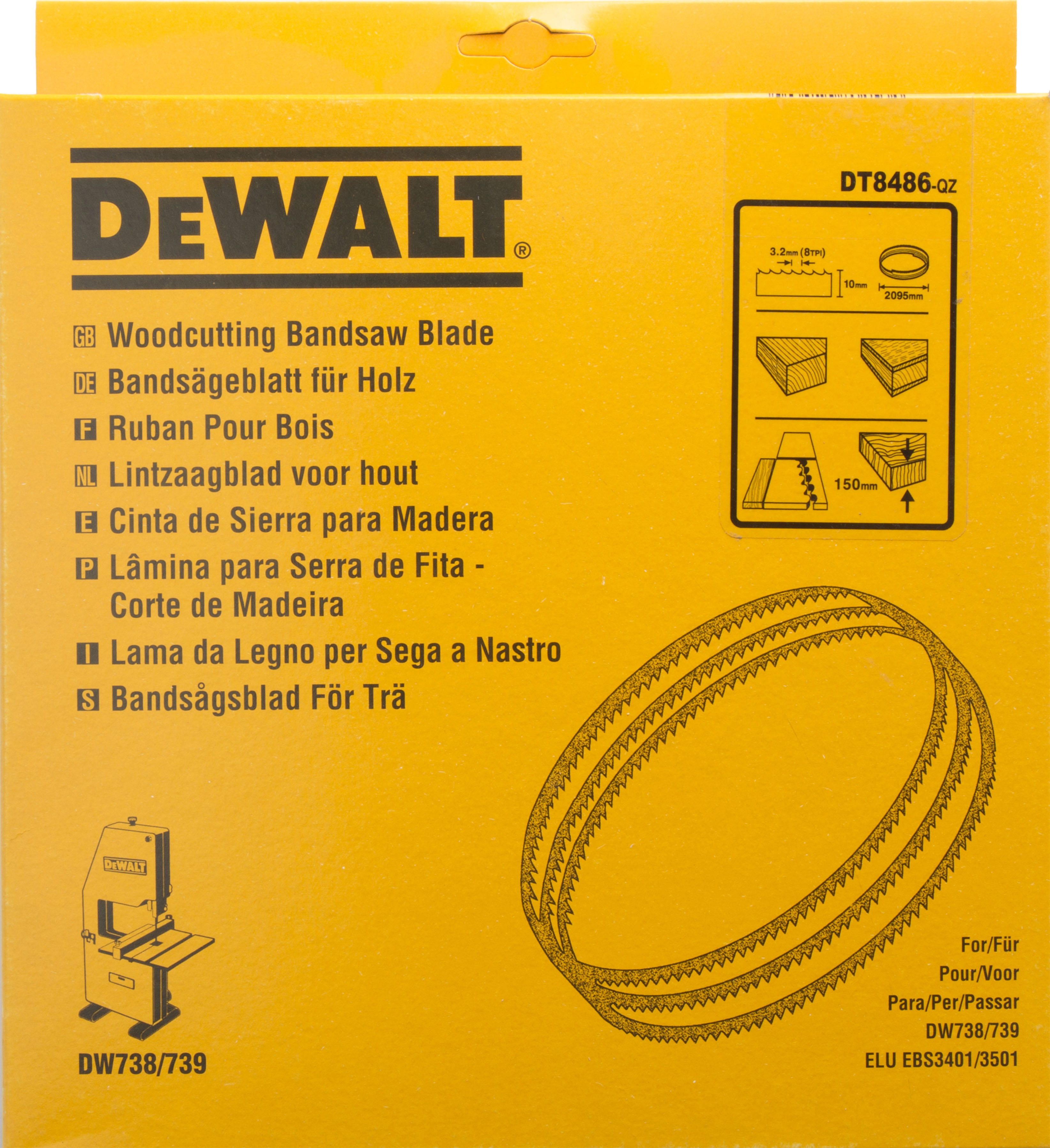 Dewalt DT8486-QZ,  Bandsaegebl 2095x10x0,6mm 3,2mm, Bandsägeblätter für DW 738 / DW 739 / Länge: 2095mm / Breite: 10mm / Dicke: 0.6mm / Zahnteilung: 3.2mm