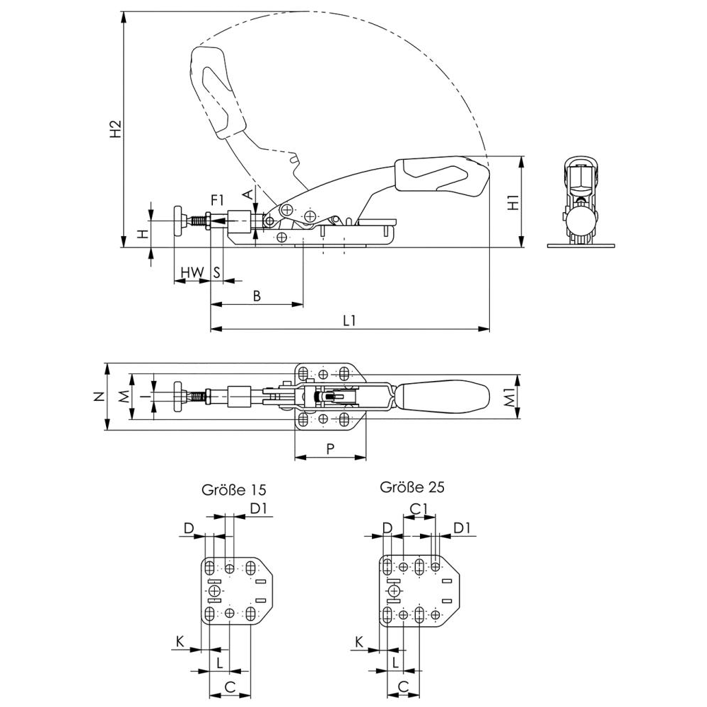 Schubstangenspanner mit variabler Spannweite und waagrechtem Fuß Schubstangenspan. 6874F Gr.25