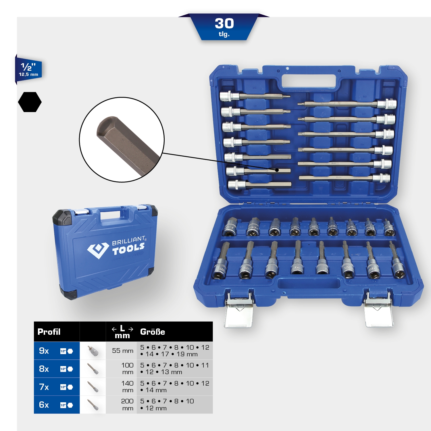 Brilliant Tools  1/2" Bit-Stecknuss-Satz, 30-tlg, Innensechskant-Profil