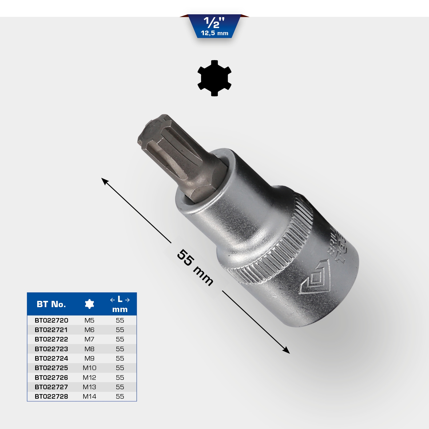 Brilliant Tools  1/2" RIBE-Bit-Stecknuss, 55 mm lang, M14