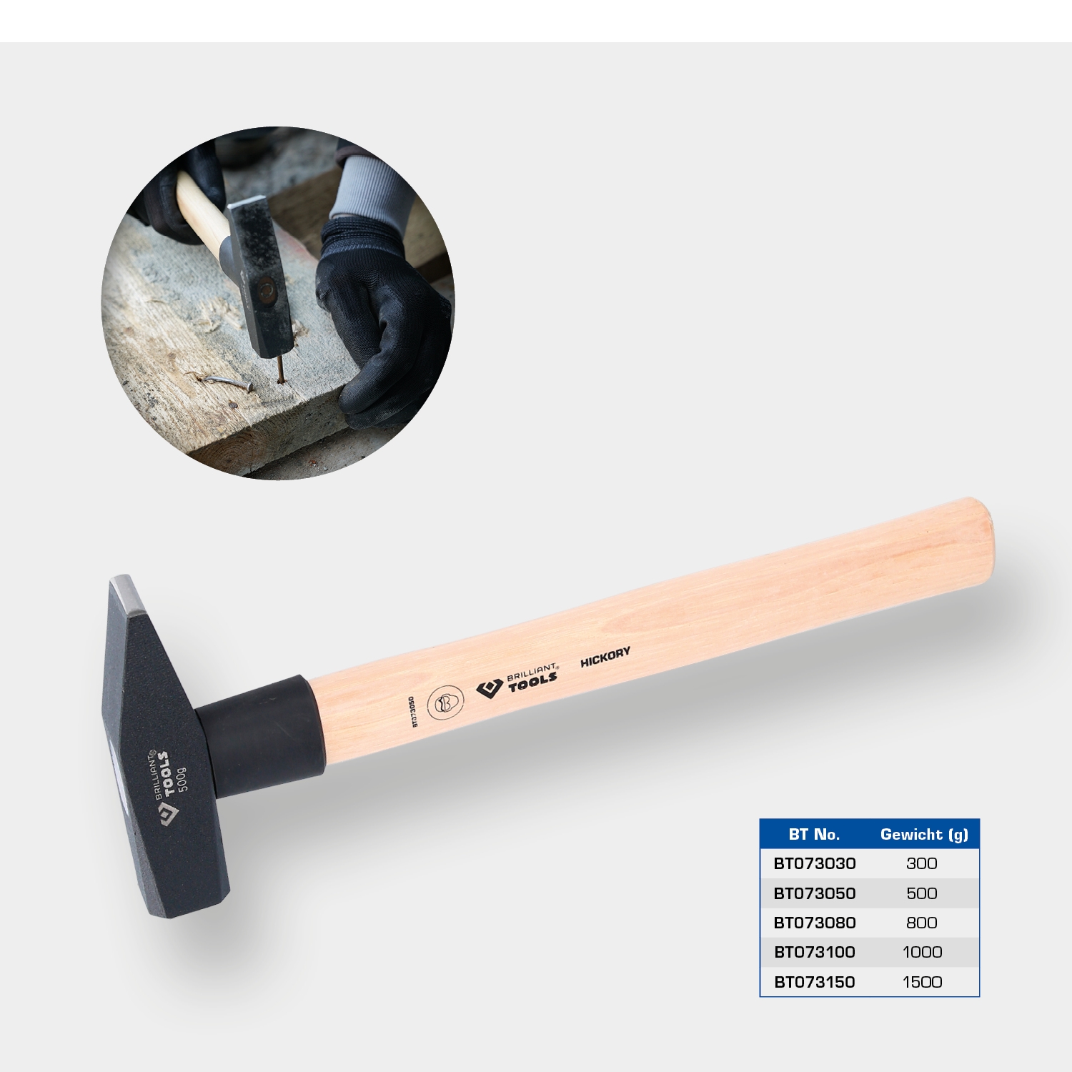 Brilliant Tools  Schlosserhammer mit Hickory-Stiel, 300 g