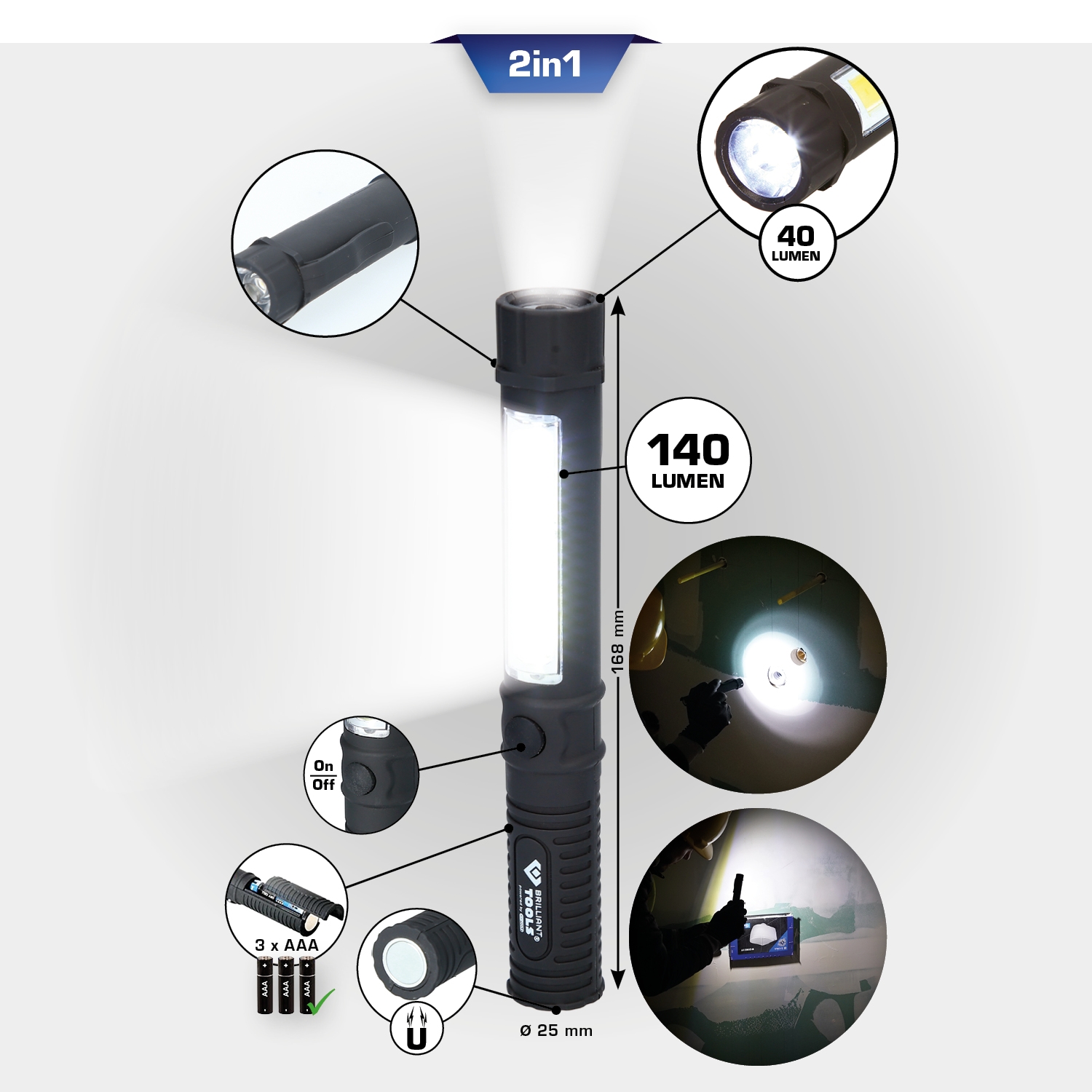 Brilliant Tools  2 in 1 COB-Taschenlampe mit 140 Lumen