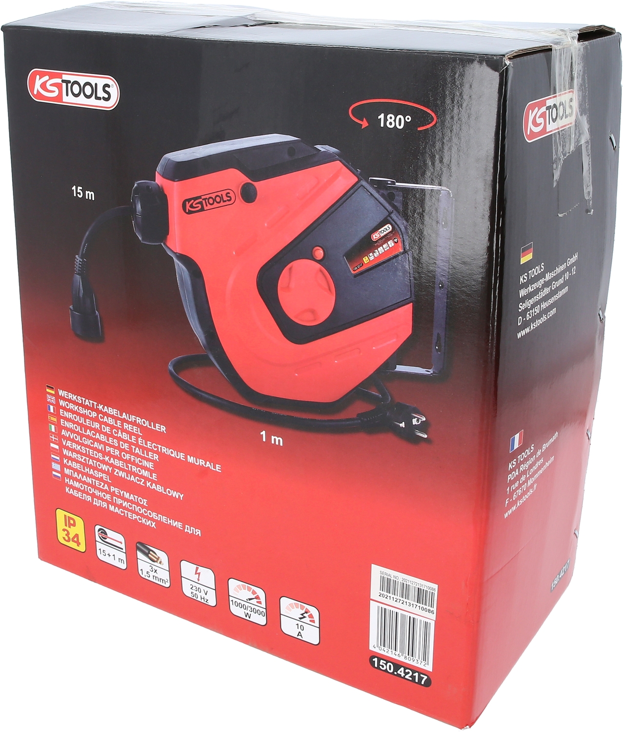 KSTOOLS Werkstatt-Kabelaufroller, 15m, 1,5mm²