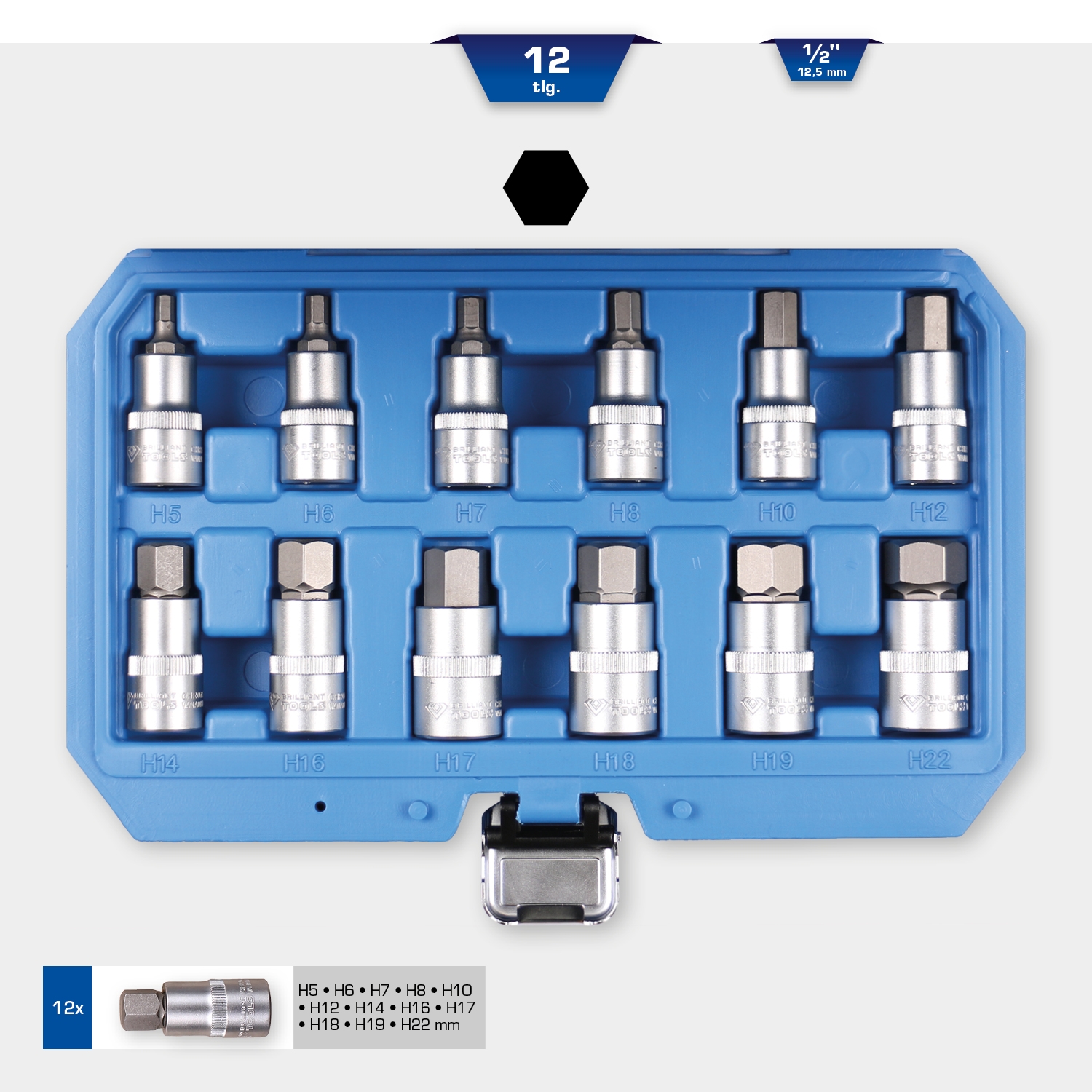 Brilliant Tools  1/2" Innensechskant Bit-Stecknuss-Satz, 12-tlg, 5 - 22 mm