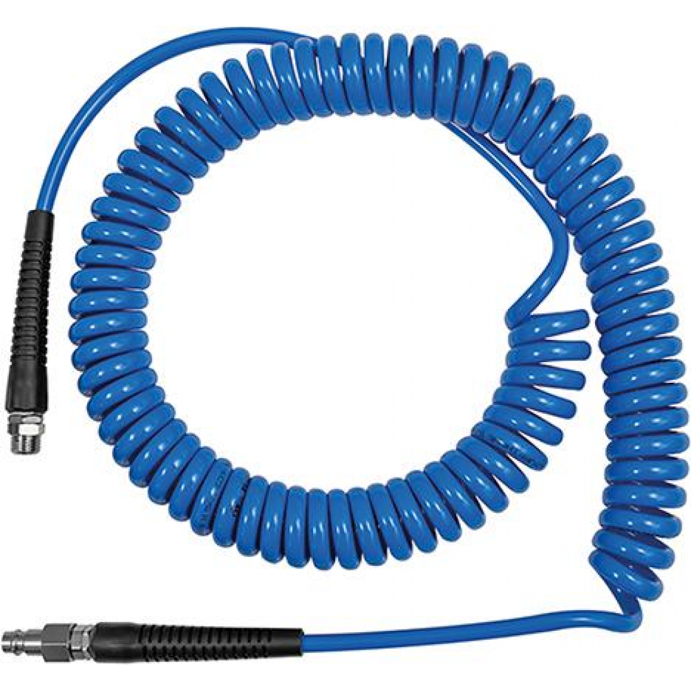 Spiralschlauch aus Polyurethan PU, mit Verschraubung und Knickschutzfeder blau Knickschutz, AG+G3/8 12x8mm 7", 5m, RIEGLER