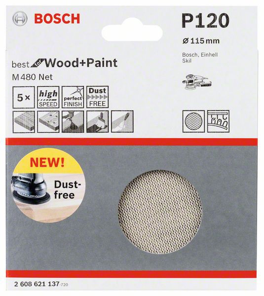Bosch Schleifblatt M480 Net, Best for Wood and Paint, 115 mm, 120, 5er-Pack