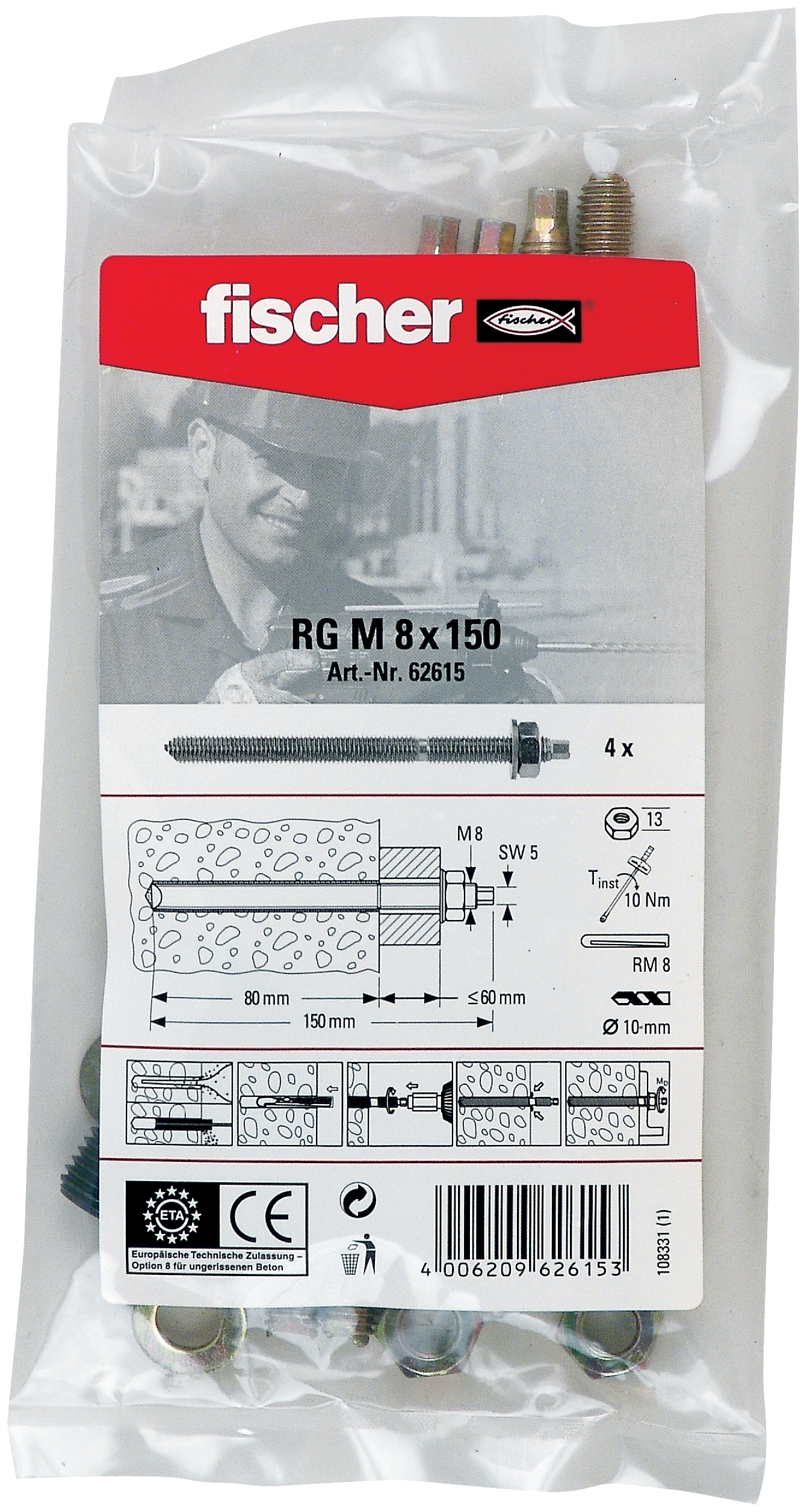 Fischer RG M8 x 150 B. Die bewährte Ankerstange für den Einsatz mit Mörtelpatrone oder Injektionsmörtel im Innenbereich.