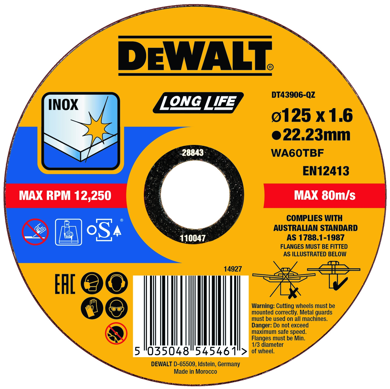Dewalt DT43906-QZ,  Trennscheibe 125x1,6x22,23 mm Inox, EXTREME Trennscheibe 125x1,6x22,23 mm Inox Typ 41 (flach)