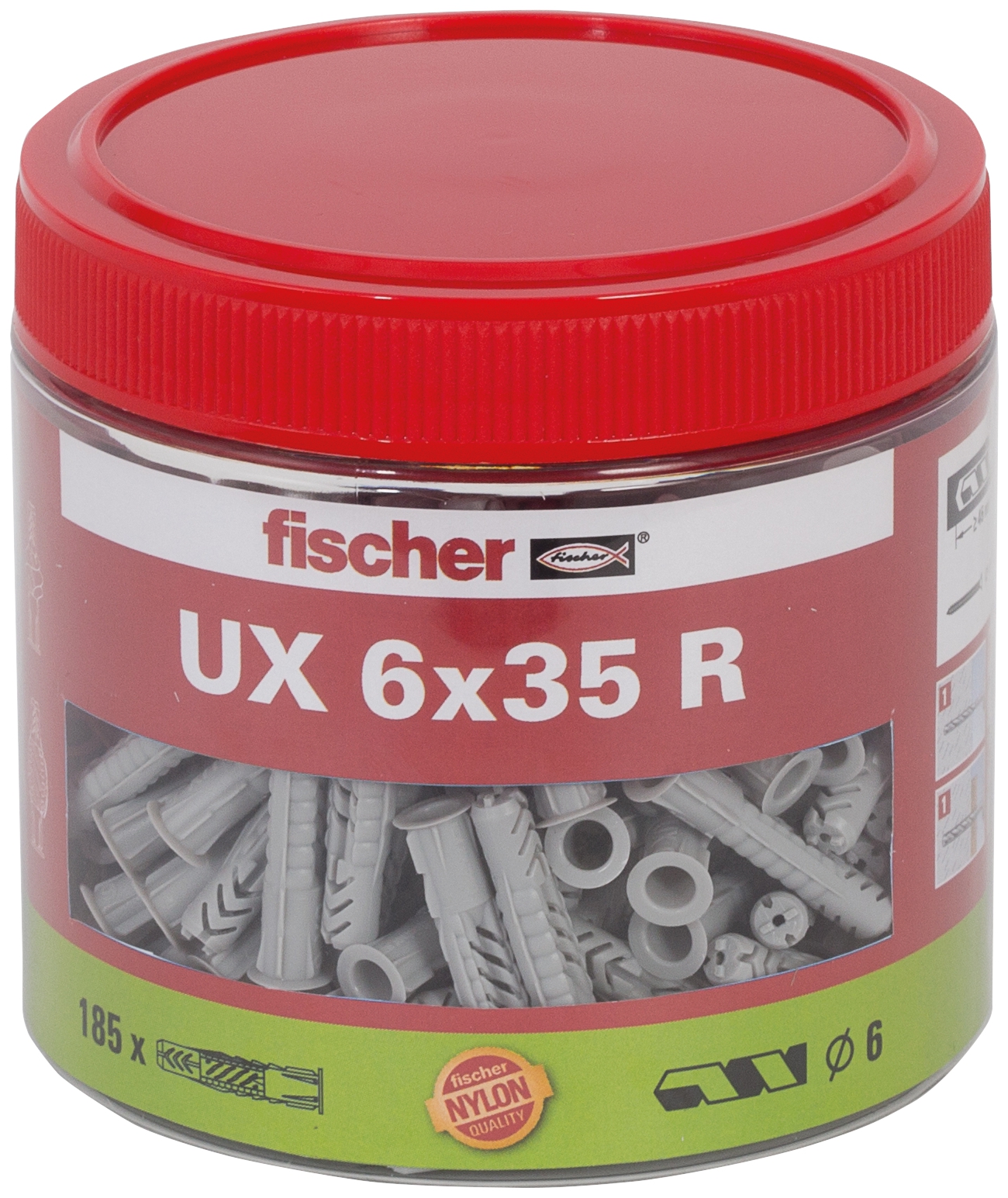 Fischer UX 6 x 35 R Dose. Der universelle Nylondübel mit Rand für alle Baustoffe.