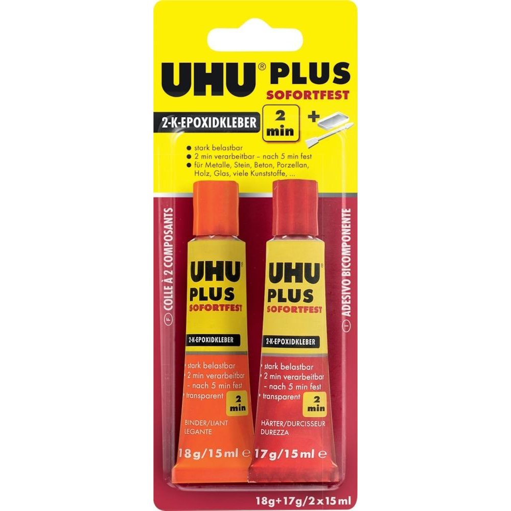 UHU PLUS SOFORTFEST 2-Komponentenepoxidkleber SB-Karte mit Tuben Binder18g Härter 17g