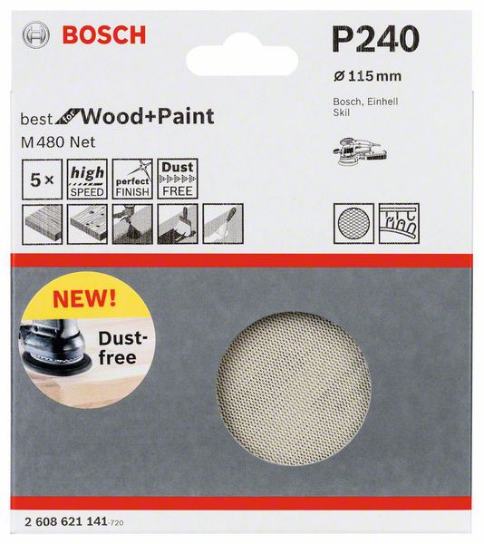 Bosch Schleifblatt M480 Net, Best for Wood and Paint, 115 mm, 240, 5er-Pack