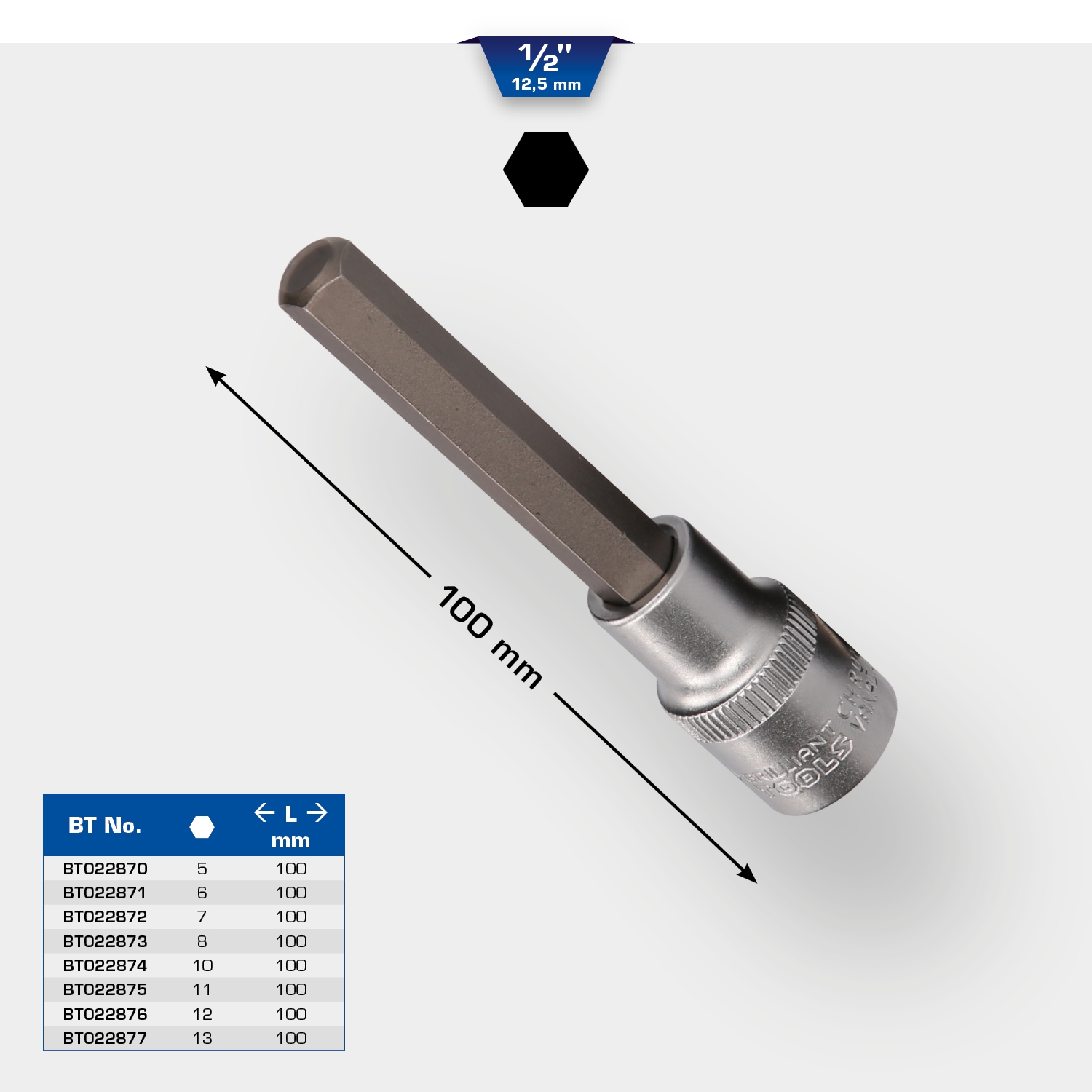 Brilliant Tools  1/2" Innensechskant Bit-Stecknuss, 100 mm lang, 5 mm