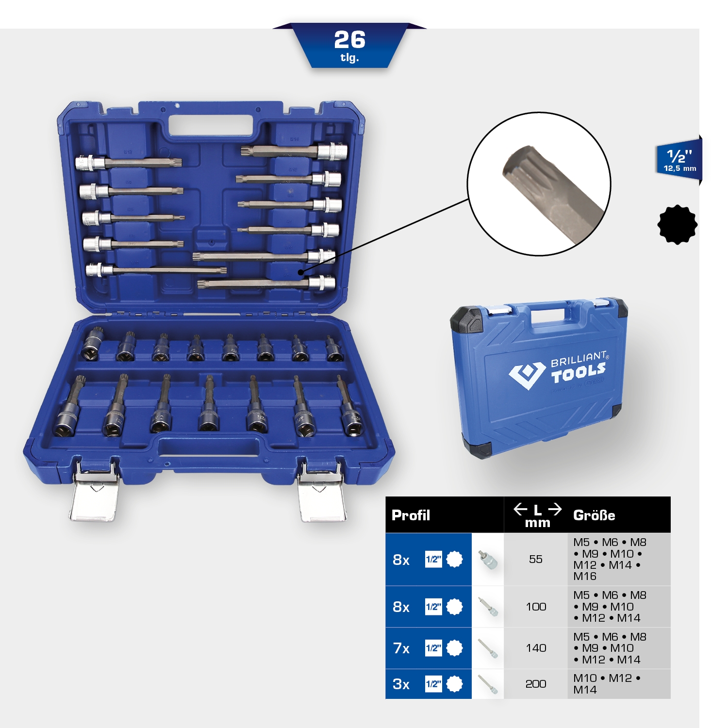 Brilliant Tools  1/2" Bit-Stecknuss-Satz, 26-tlg, Vielzahn-Profil, XZN