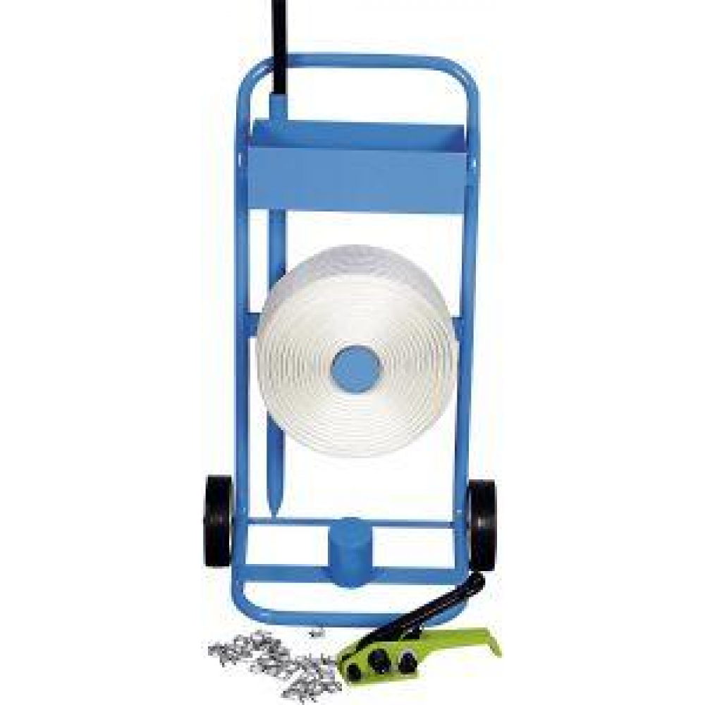 PES-Polyesterband-Umreifungssystem, 16 mm, mit Abrollwagen PES-Kraftband-Set 3 komplett 16mm verleimt