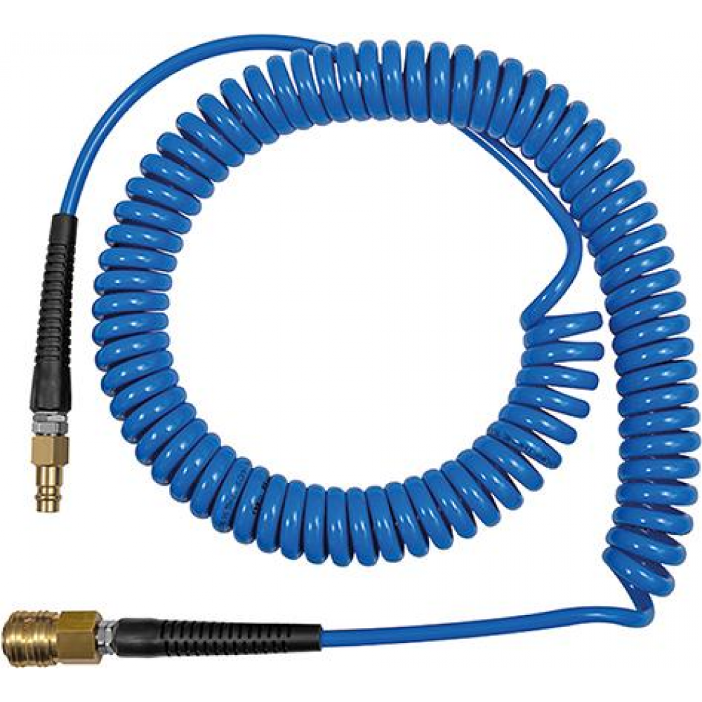 Spiralschlauch aus Polyurethan PU, mit Kupplung NW 7,2 und Stecknippel, Messing blank blau u, Stecker NW7 10x6,5mm 6m,RIEGLER