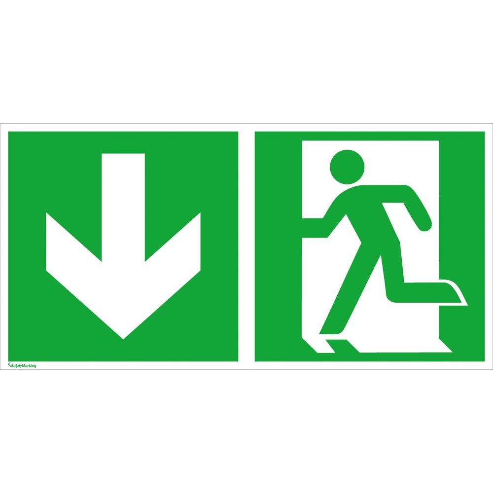 Rettungsschild, Notausgang links abwärts Fluchtwegschild Folie B300x H150 mm mit Pfeil langnachleuchtend