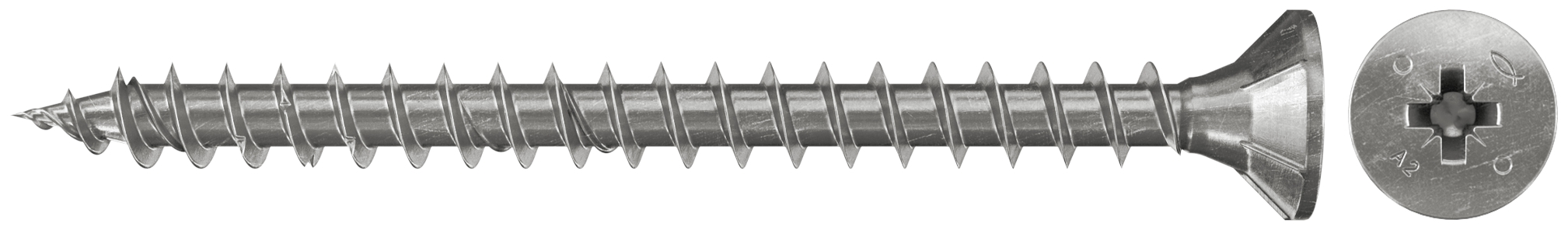 Fischer FPF-SZ 4,5 x 30 A2F 100. Premium Spanplattenschraube aus Edelstahl A2 mit Senkkopf und Vollgewinde für Befestigungen im Außenbereich.