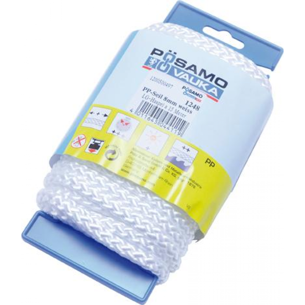 Polypropylen-Seil 8,0mm x 15m DIN 83307 Form E geflochten weiß PÖSAMO auf Kz-Haspel