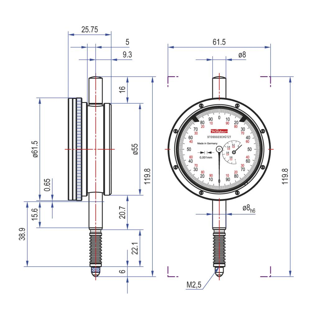 Messuhr, öl- und wasserdicht Präzisions-Messuhr FM1000SW D61,5mm KÄFER
