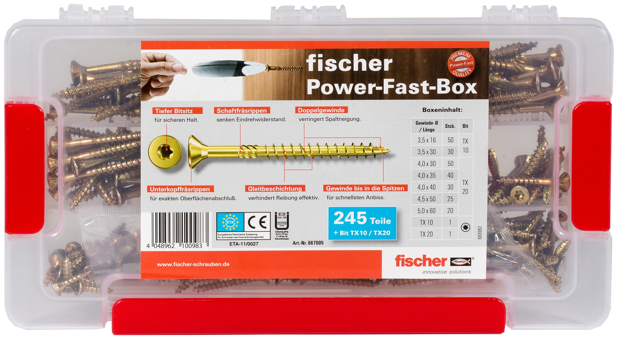Fischer FAB FPF ST YZ 245 P. Sortimentsbox mit Premium-Spanplattenschraube mit schnellem Anbiss.