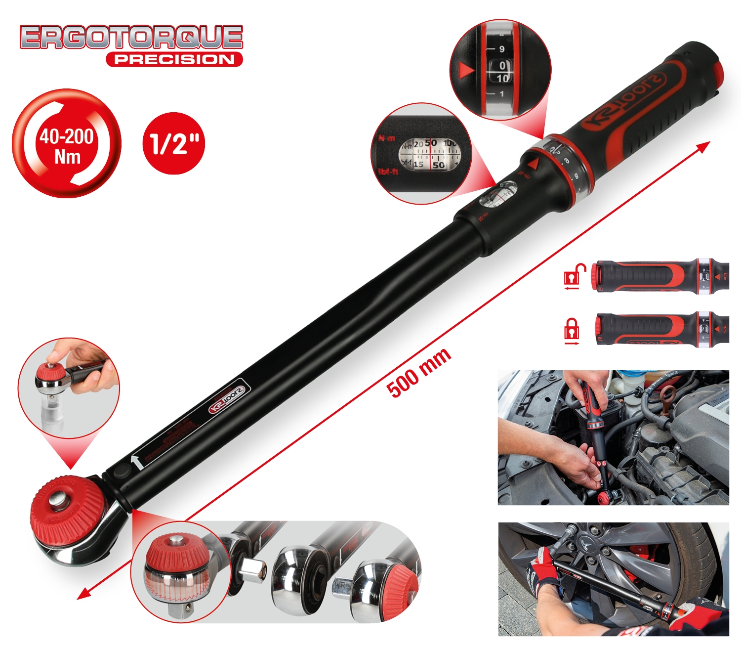 KSTOOLS 1/2" ERGOTORQUE®precision Ratschen-Drehmomentschlüssel Drehknopf, 40-200Nm