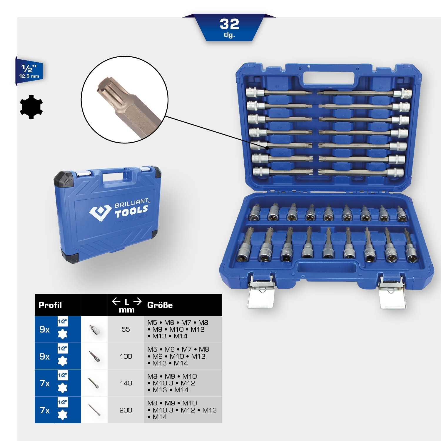 Brilliant Tools  1/2" Bit-Stecknuss-Satz, 32-tlg, RIBE Profil
