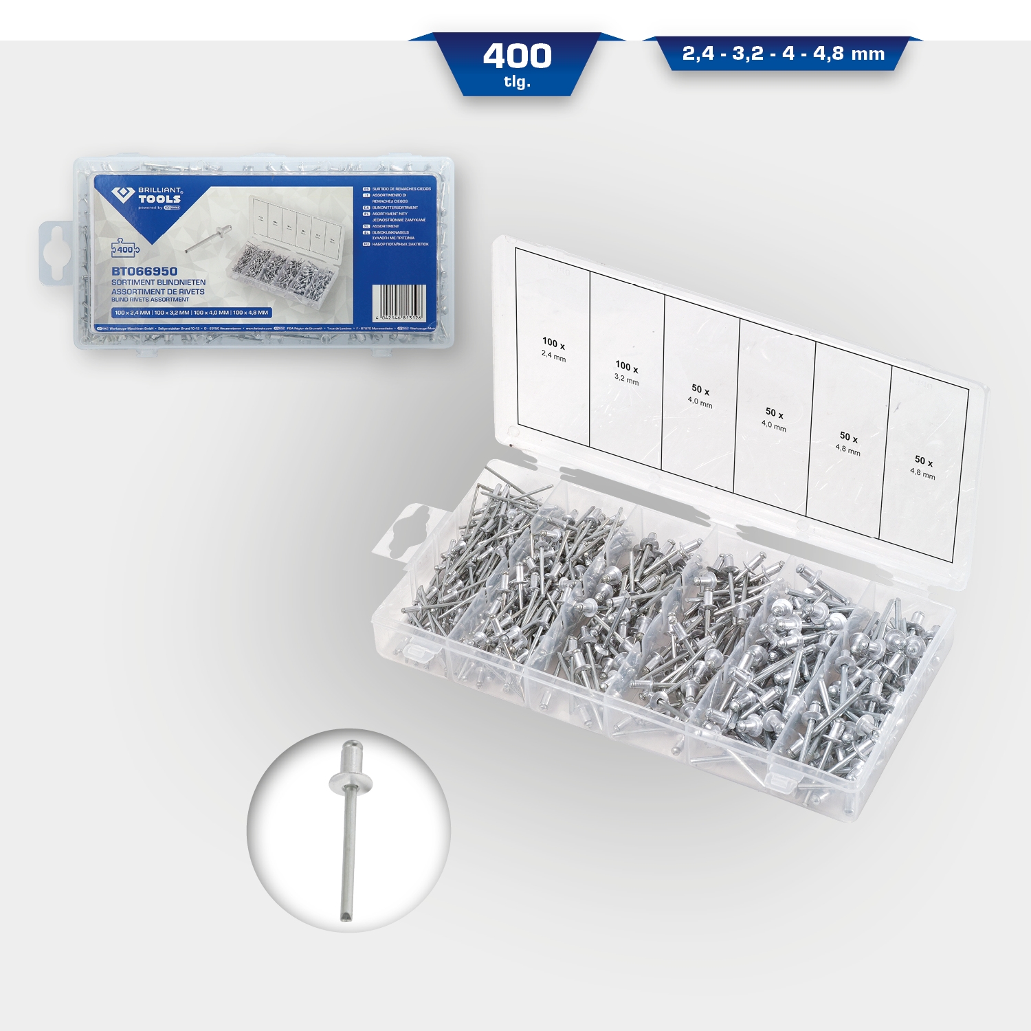 Brilliant Tools  Sortiment Blindnieten, 400-tlg, 2,4 - 3,2 - 4 - 4,8 mm