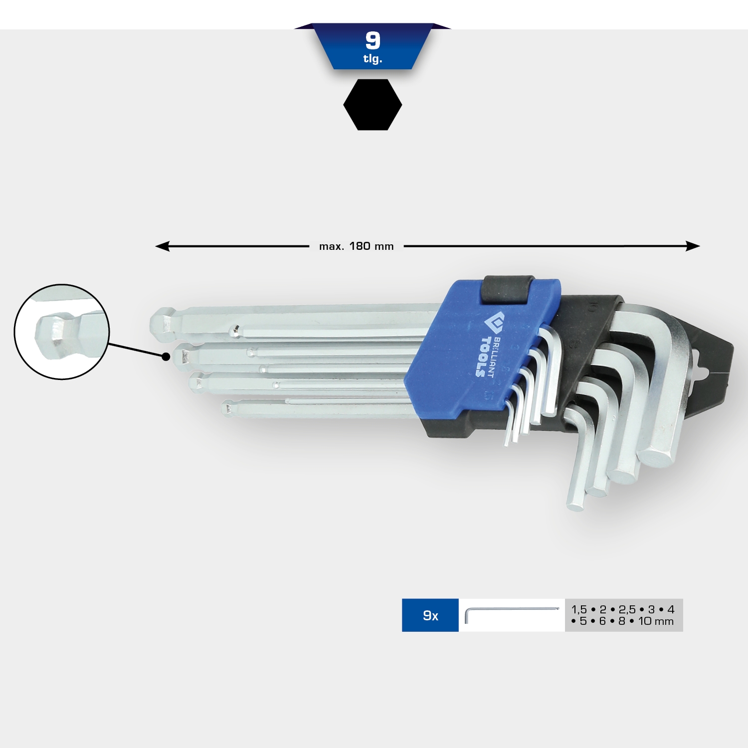 Brilliant Tools  Winkelstiftschlüssel-Satz, 9-tlg, Innensechskant-Profil, kurz