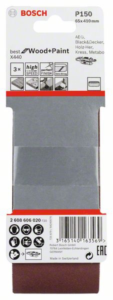 Bosch Schleifband-Set X440 Best for Wood and Paint, 3-teilig, 65 x 410 mm, 150
