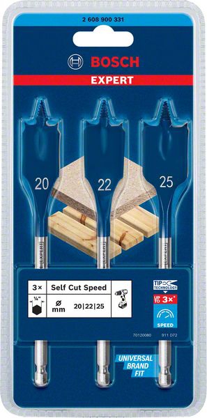 Bosch EXPERT SelfCut Speed Flachfräsbohrer-Set, 20/22/25 mm, 3-tlg.. Für Bohrmaschinen