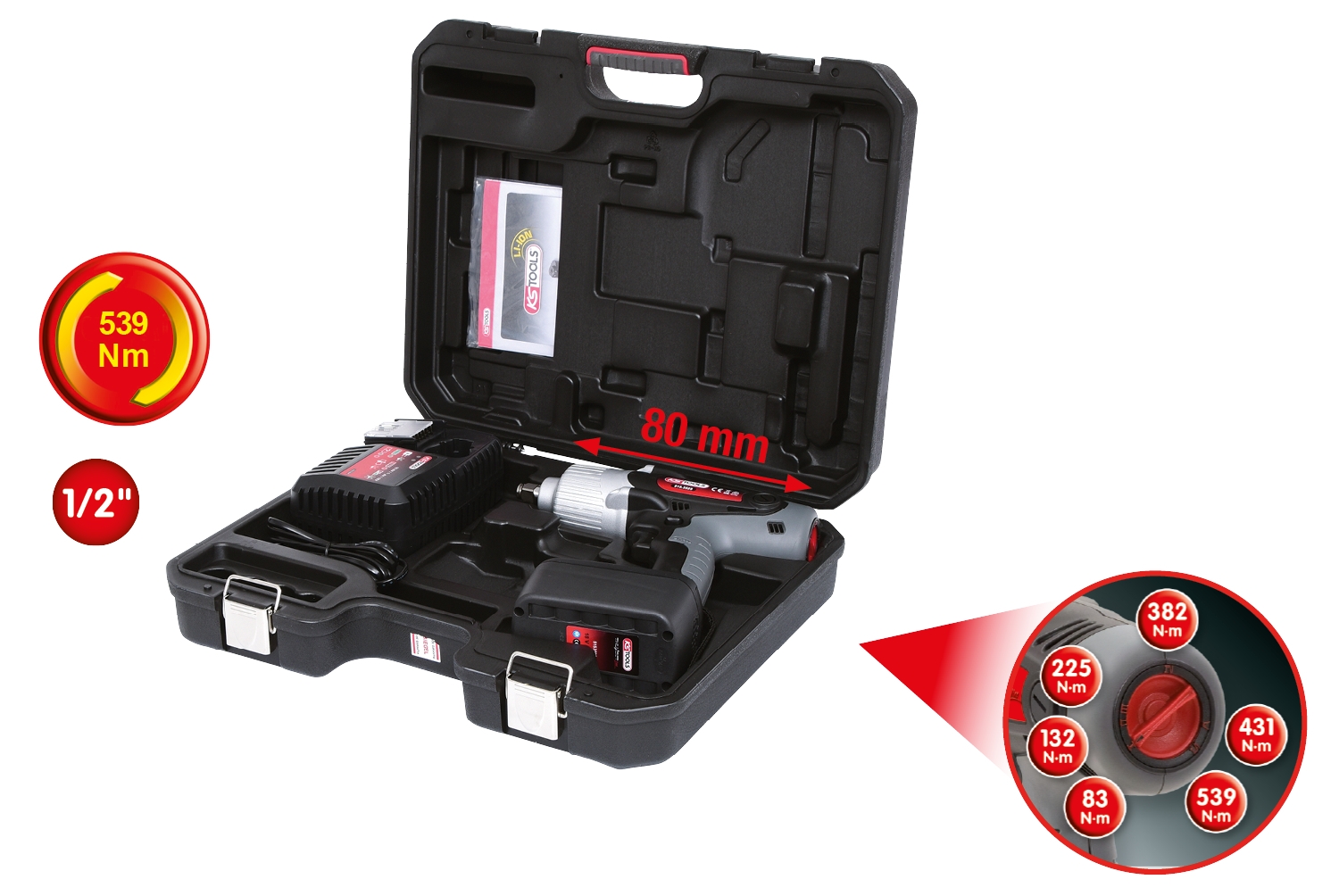 KSTOOLS 1/2" Akku-Schlag-Schrauber Drehmomentvorwahl,1.800 U/min,mit 1 Akku+1 Ladegerät