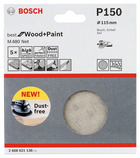 Bosch Schleifblatt M480 Net, Best for Wood and Paint, 115 mm, 150, 5er-Pack