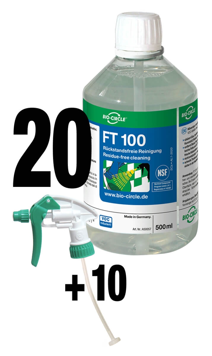 BIO-CIRCLE Oberflächenvor- und Nachbehandlung FT 100, Box: 20 Flaschen à 500 ml + 10 Schaumsprayer