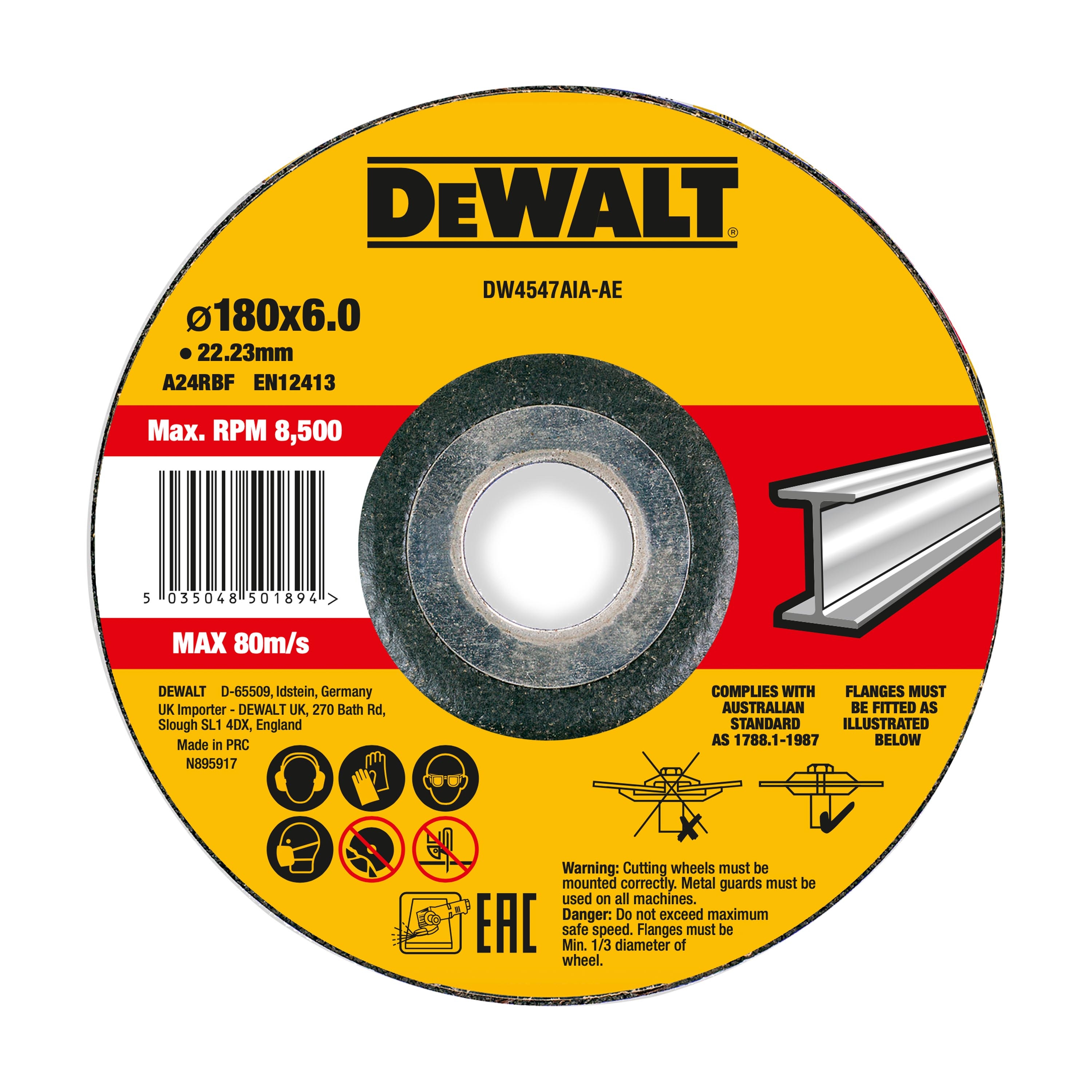Dewalt DW4547AIA-AE,  Schruppscheibe 180x6x22,23 mm Metall, High Performance Schruppscheibe 180x6x22,23 mm Metall Typ 42 (gekröpft)