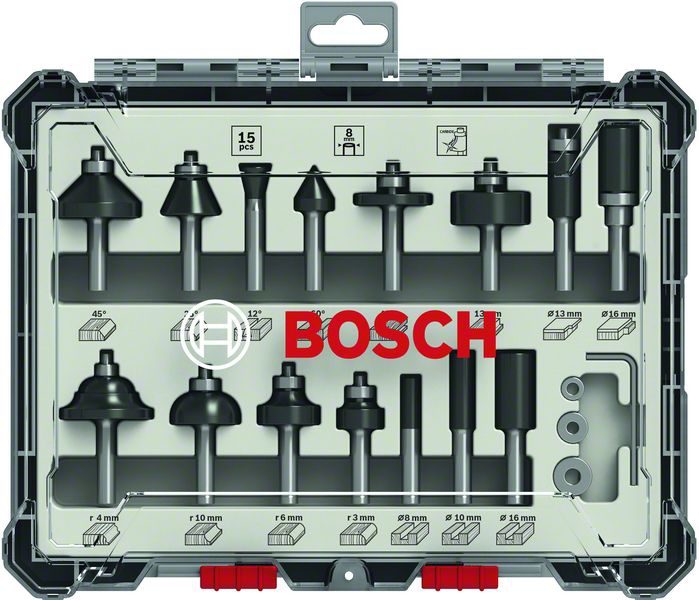 Bosch 15-teiliges Fräser-Set, 8-mm-Schaft. Für Handfräsen