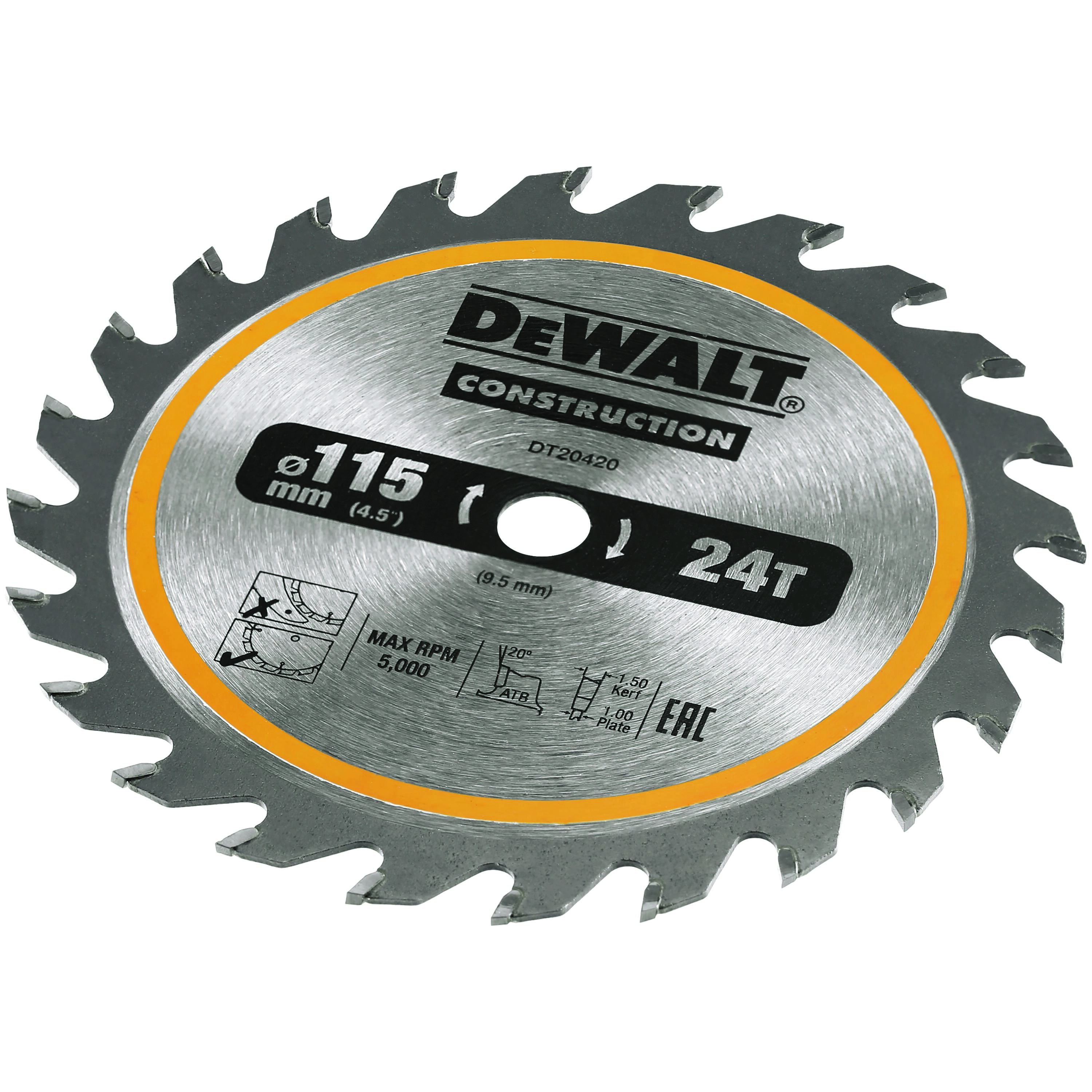 Dewalt DT20420-QZ,  Kreissaegeblatt Akku 115/9,5mm 24Z, TCT/HM Kreissägeblatt für Akku-Handkreissägen, 115x9,5mm, 24WZ