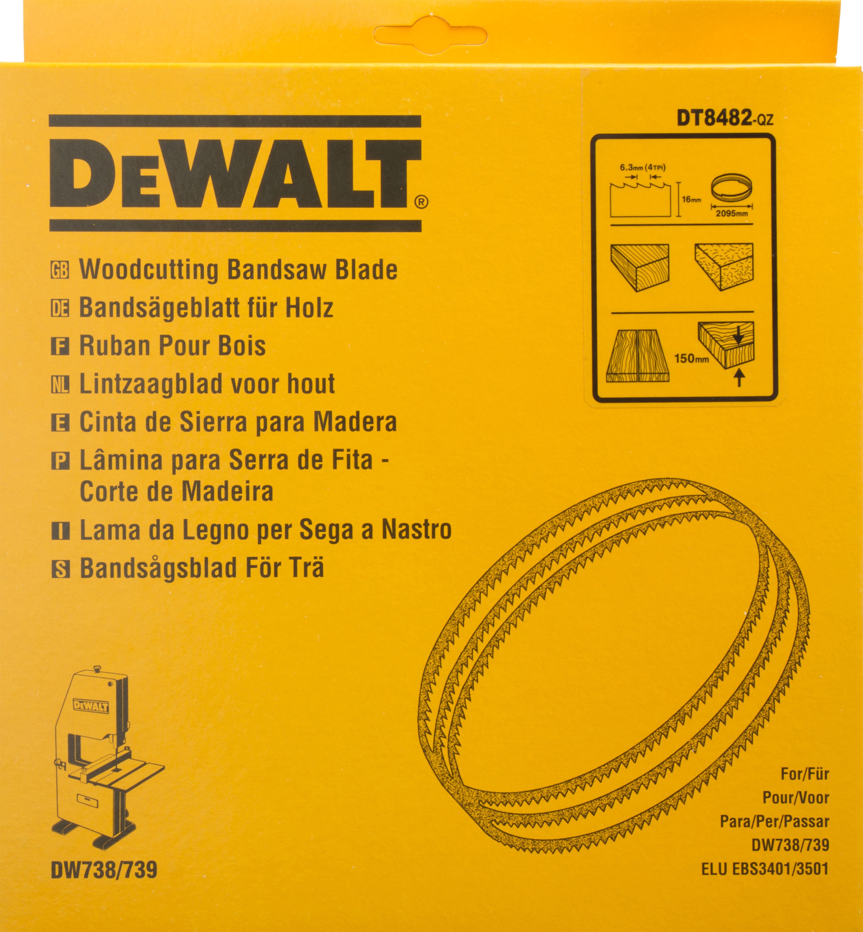 Dewalt DT8482-QZ,  Bandsaegebl 2095x16x0,6mm 6,4mm, Bandsägeblätter für DW 738 / DW 739 / Länge: 2095mm / Breite: 16mm / Dicke: 0.6mm / Zahnteilung: 6.4mm