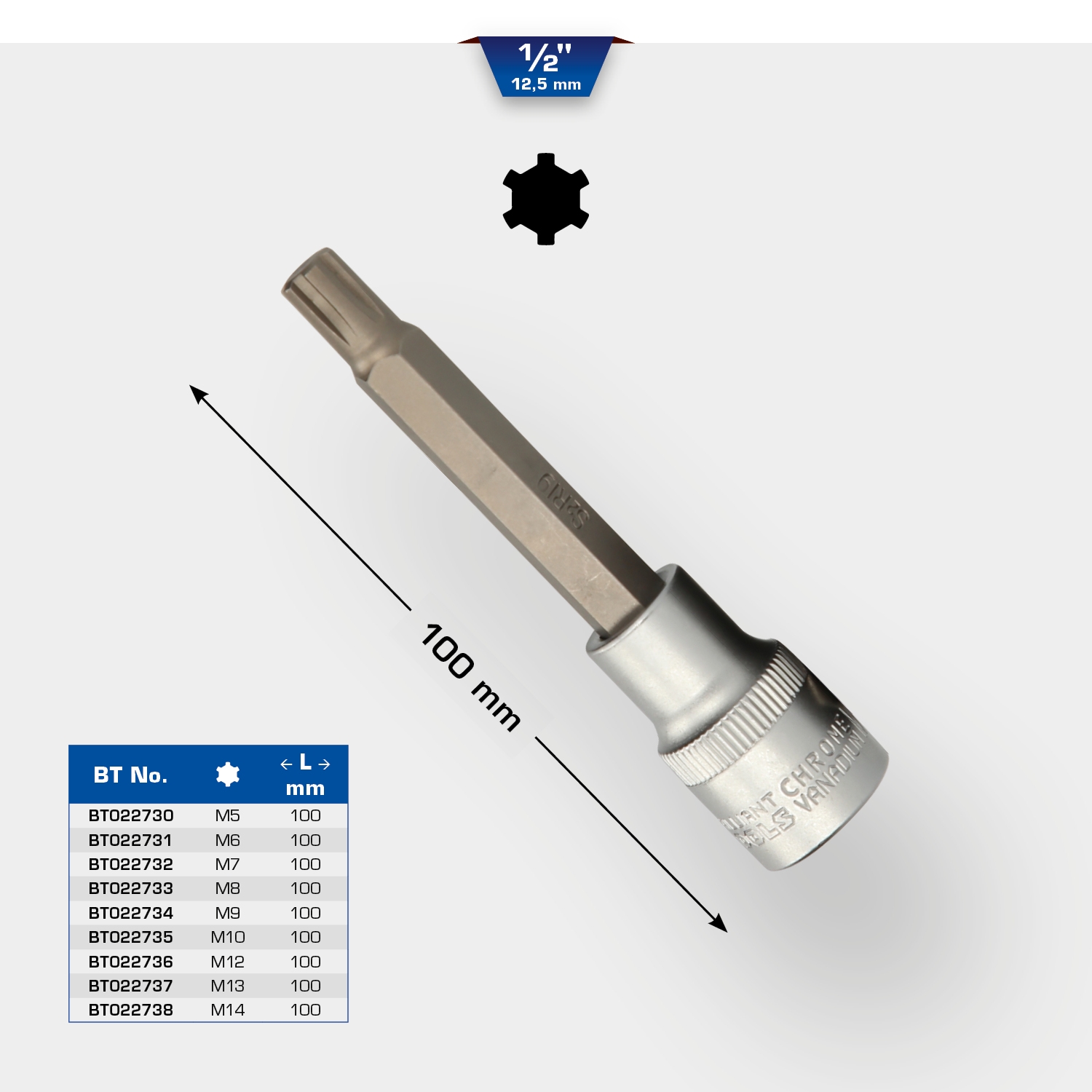 Brilliant Tools  1/2" RIBE-Bit-Stecknuss, 100 mm lang, M6