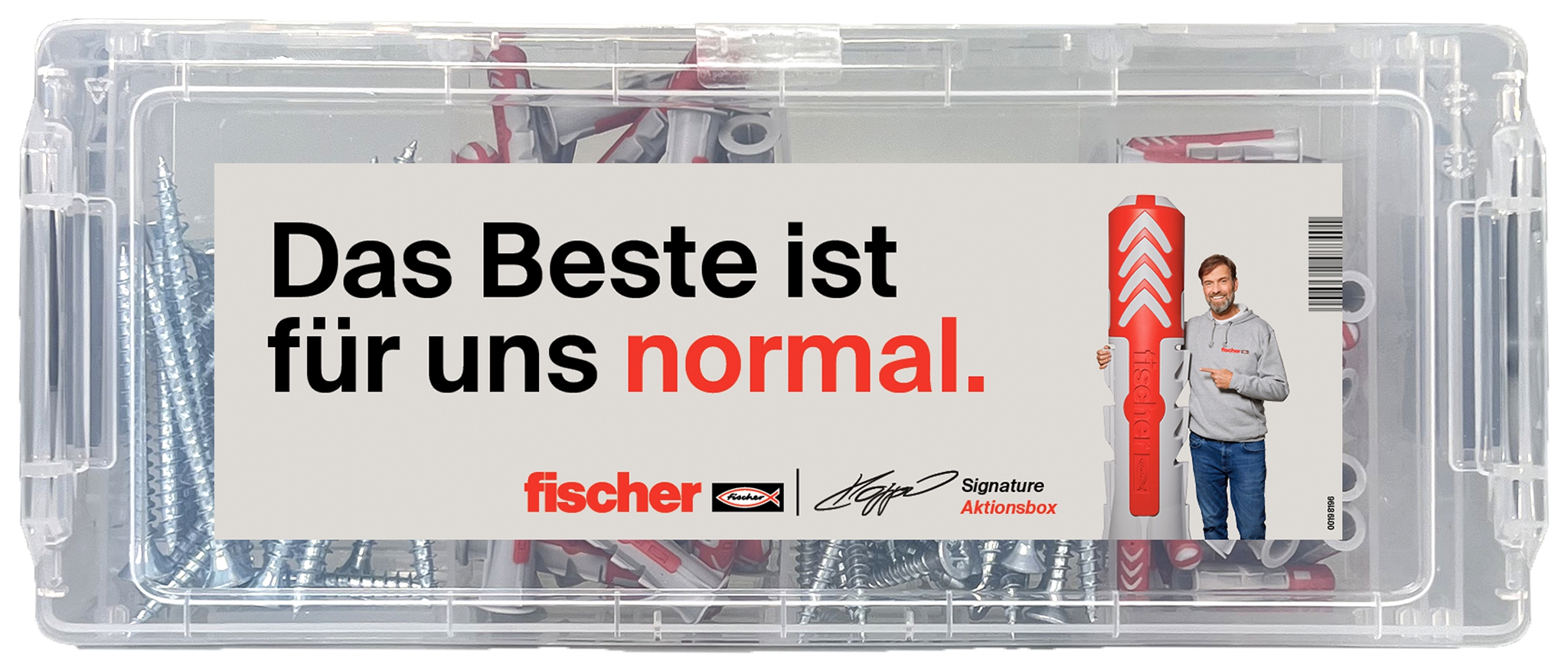 Fischer „Klopp Signature“ Aktionsbox. Fischer MiniFixTainer - mit dem Duo aus Power und Schlauer. Mit Gewinnspiel der exklusiven Klopp Signature Collection.