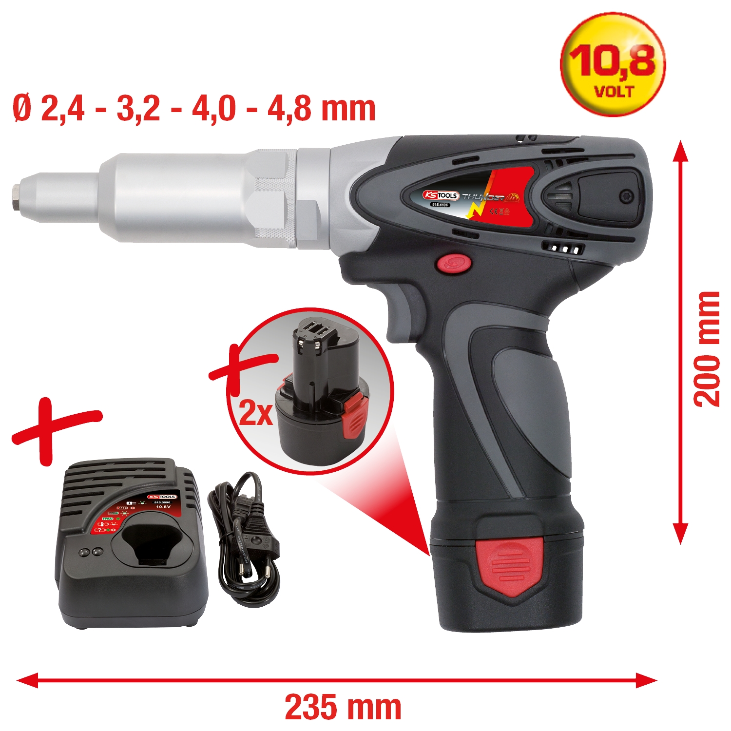KSTOOLS Akku-Blindniet-Pistole mit 2 Akkus und 1 Ladegerät