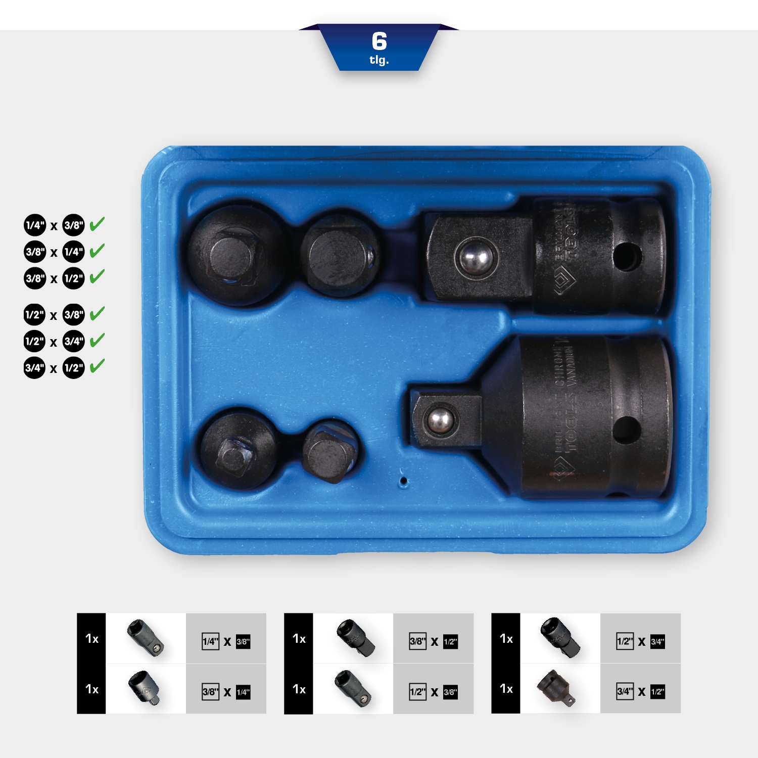 Brilliant Tools  Kraft-Adapter-Satz, 6-tlg, 1/4" + 3/8" + 1/2" + 3/4"