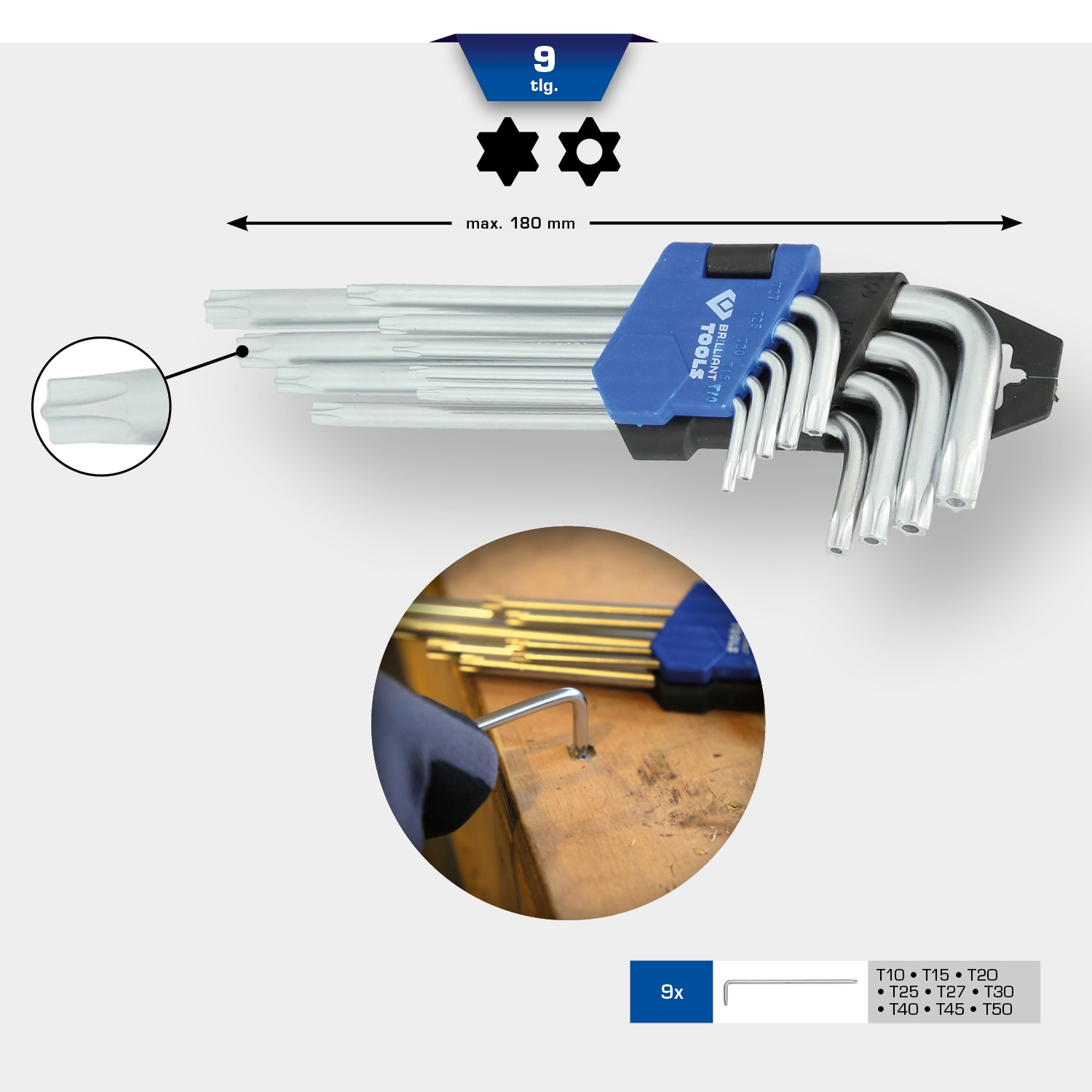 Brilliant Tools  Winkelstiftschlüssel-Satz, 9-tlg, Torx®-Profil, kurz
