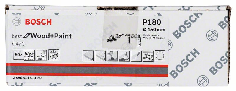 Bosch Schleifblatt Papier C470, 150 mm, 180, ungelocht, Klett, 50er-Pack