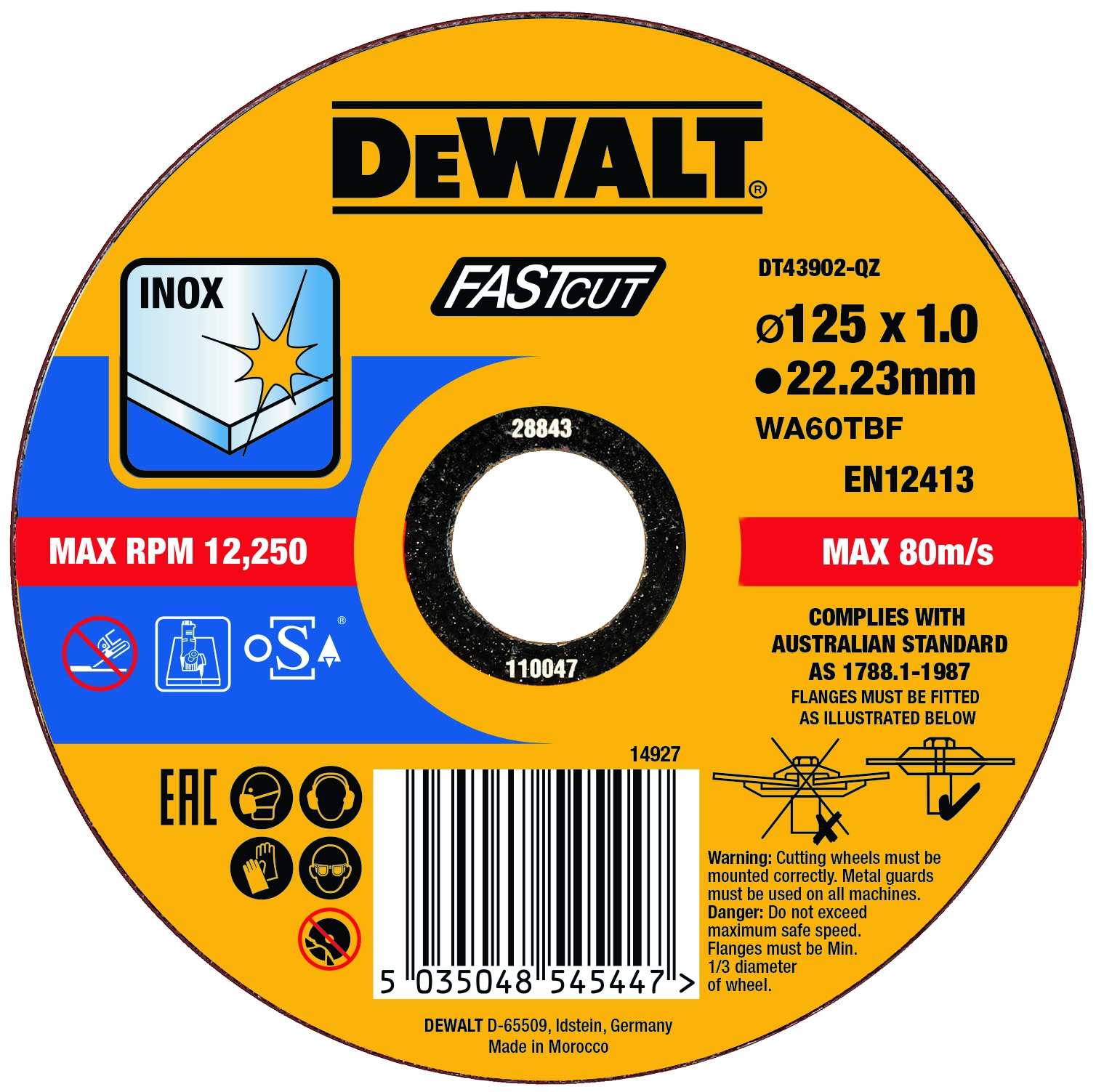 Dewalt DT43902-QZ,  Trennscheibe 125x1x22,23 mm Inox, EXTREME Trennscheibe 125x1x22,23 mm Inox Typ 41 (flach)