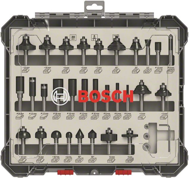 Bosch 30-teiliges Fräser-Set, 8-mm-Schaft. Für Handfräsen
