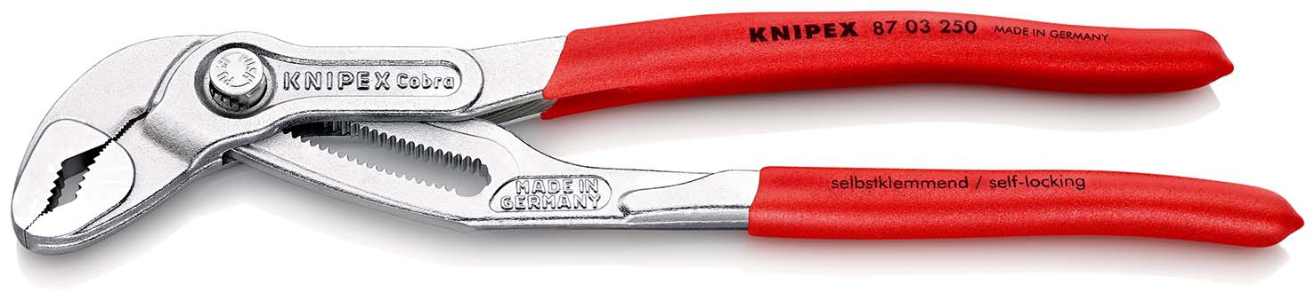 KNIPEX 87 03 250 SB Cobra® Hightech-Wasserpumpenzange mit rutschhemmendem Kunststoff überzogen verchromt 250 mm (SB-Karte/Blister)