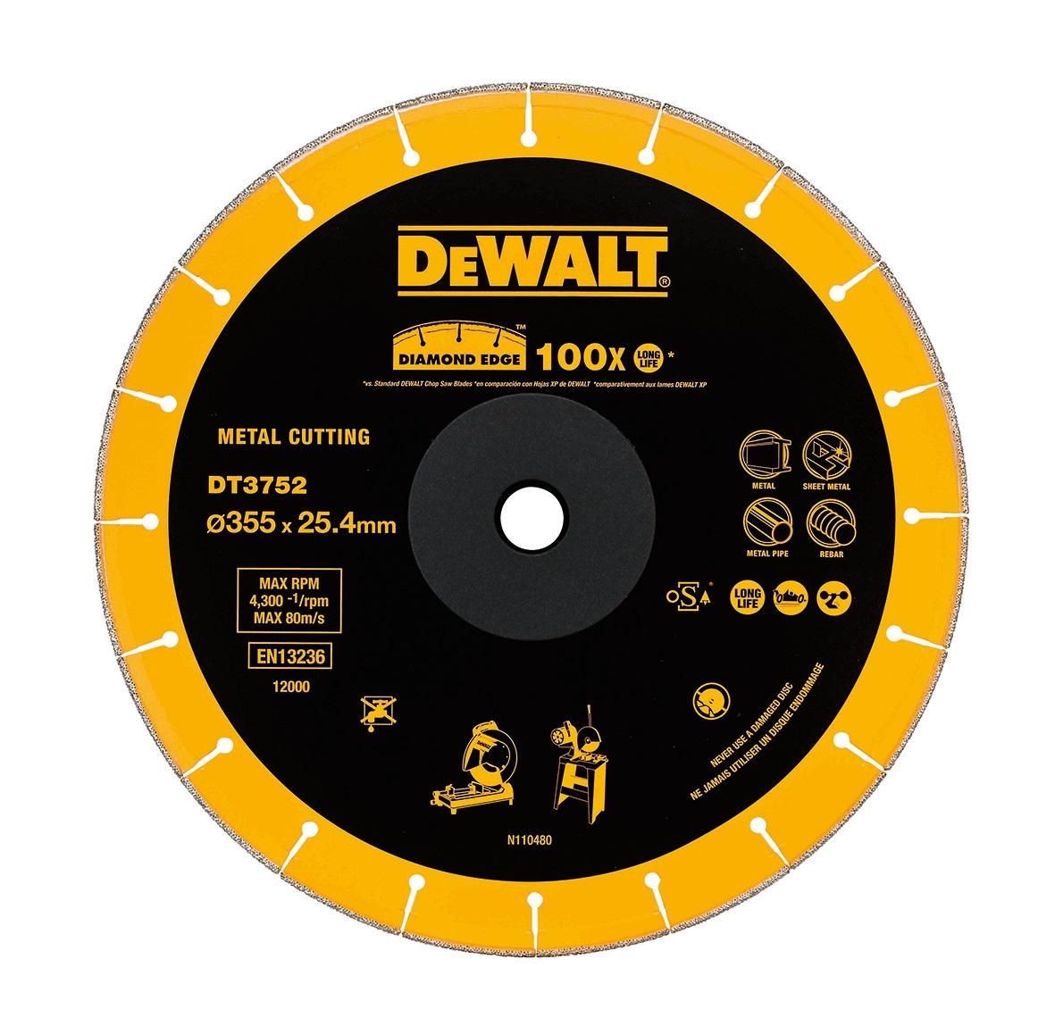 Dewalt DT3752-QZ,  Diamanttrennscheibe Metall 355x25,4mm, Diamant-Trennscheibe für Metall, 355mm Durchmesser, Bohrung 25,4mm