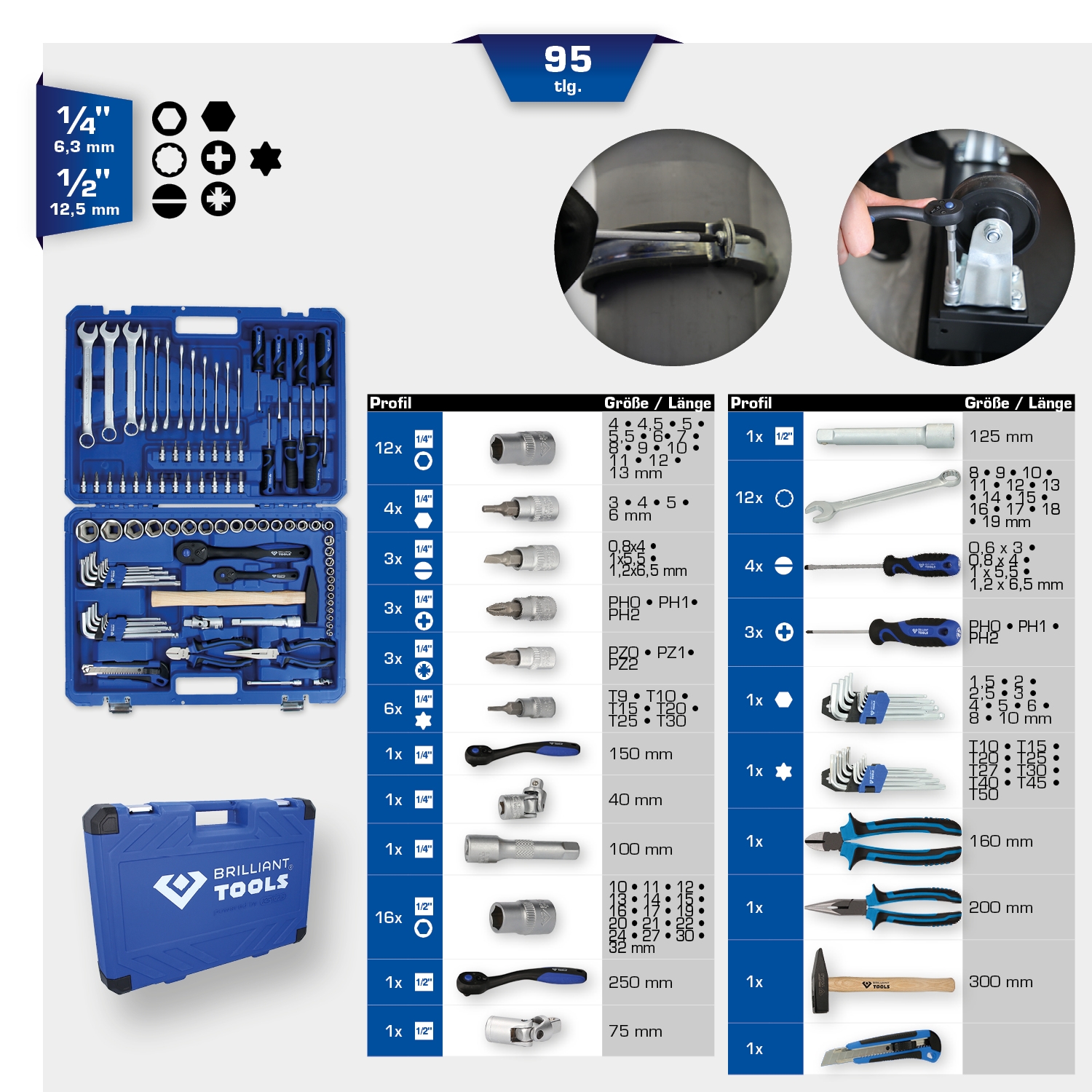 Brilliant Tools  1/4" + 1/2" Universal-Werkzeug-Satz, 95-tlg