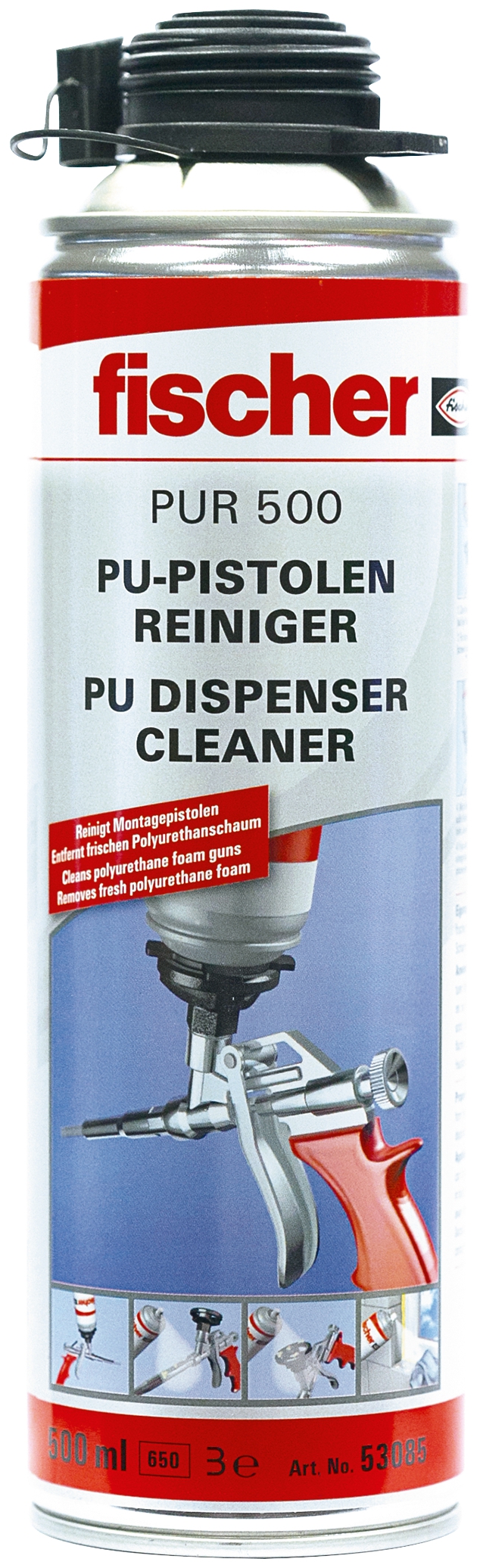 Fischer PUR 500. Hochaktiver PU-Reiniger für die Reinigung von Schaumpistolen.