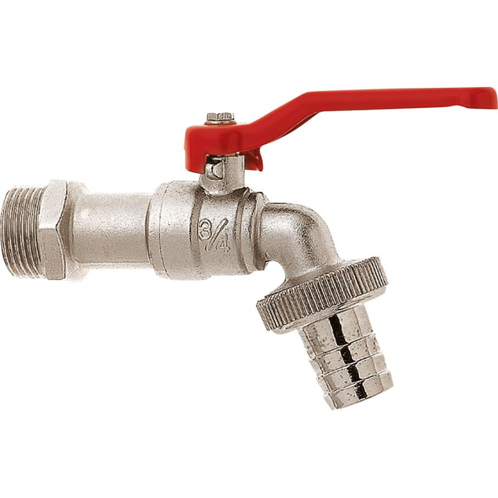 Kugelauslaufventil voller Durchgang mit Schlauchverschraubung 3/4" - 12mm MS Ni rotem Griff GEKA